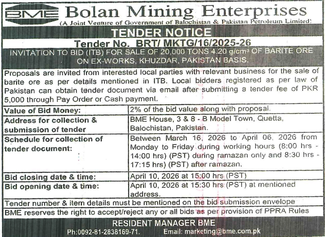 Sale of 20,000 Tons 4.20 g/cm³ of Barite Ore on Ex-Works, Khuzdar, Pakistan Basis 